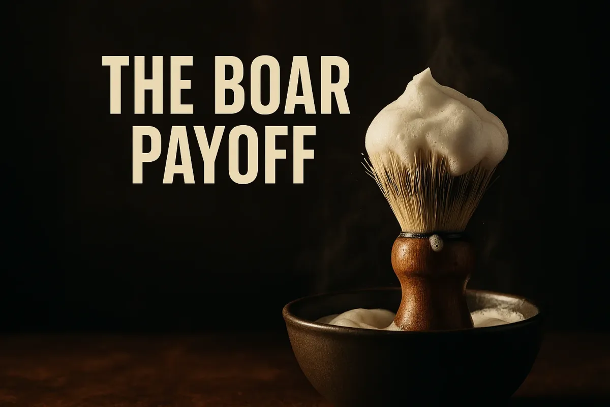 A boar bristle shaving brush standing in warm light with lather clinging to its knot, under the headline The Boar Payoff