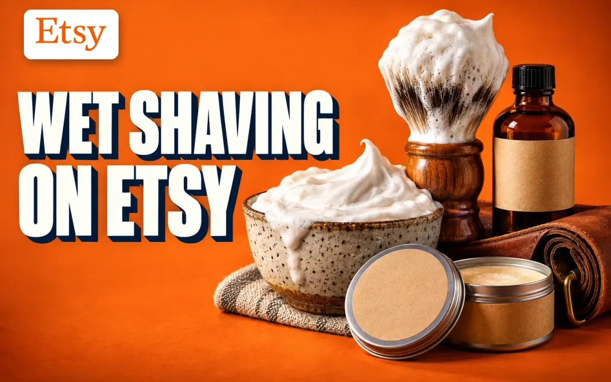 Wet Shaving on Etsy key art with the Etsy logo: a stoneware lather bowl, a lathered wooden-handled brush, artisan soap tins, an aftershave bottle and a leather strop on a bold orange background