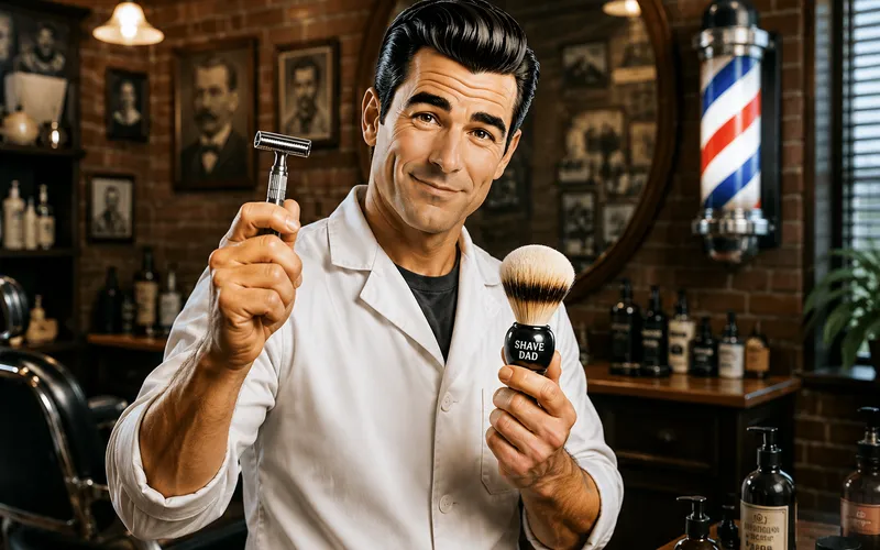 A barber in a classic brick-walled barbershop holding up a double-edge safety razor in one hand and a Shave Dad branded shaving brush in the other, with a wall of aftershave bottles and a barber pole in the background