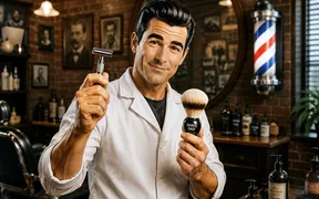 A barber in a classic brick-walled barbershop holding up a double-edge safety razor in one hand and a Shave Dad branded shaving brush in the other, with a wall of aftershave bottles and a barber pole in the background