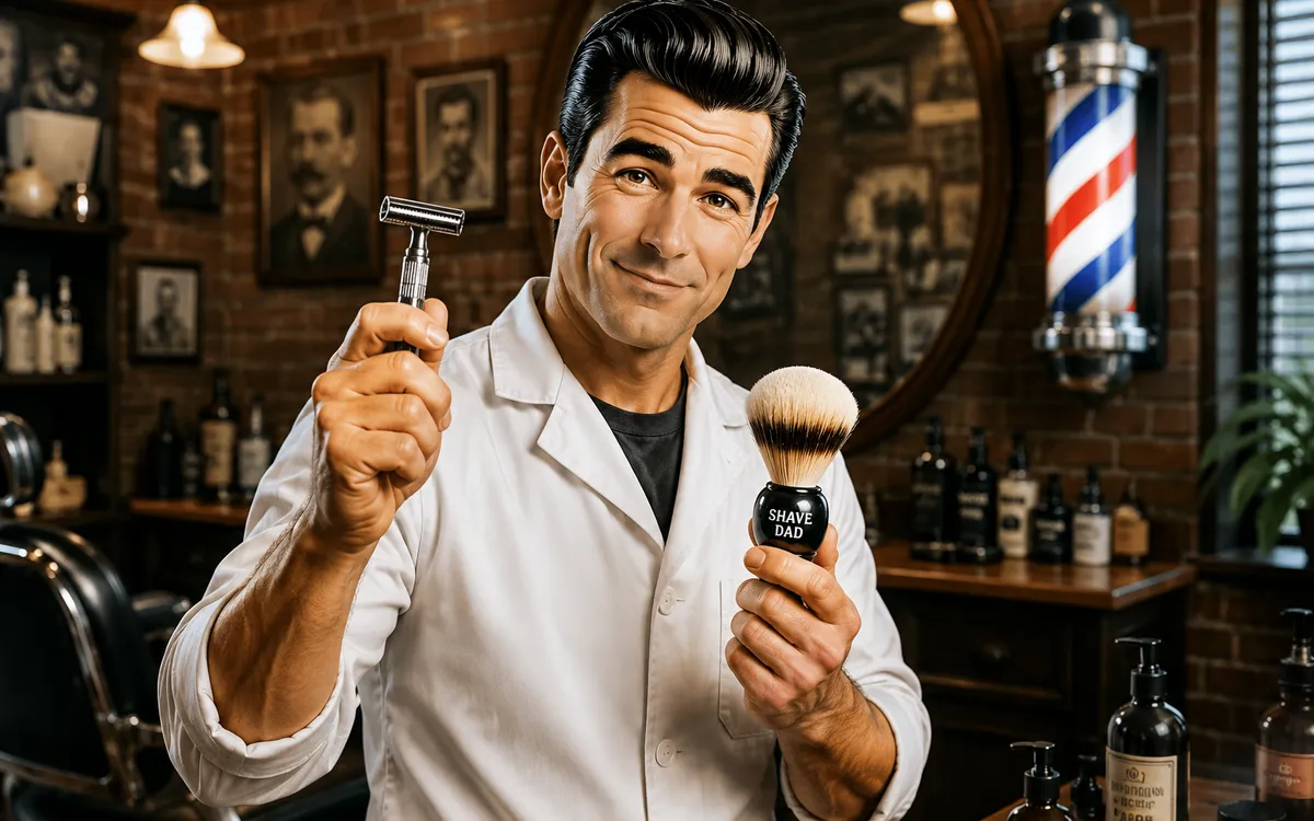 A barber in a classic brick-walled barbershop holding up a double-edge safety razor in one hand and a Shave Dad branded shaving brush in the other, with a wall of aftershave bottles and a barber pole in the background