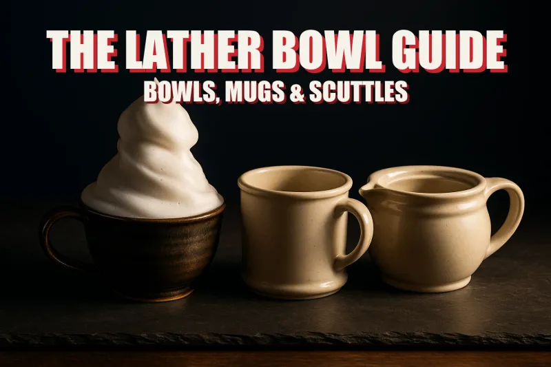 A ceramic lather bowl with a mound of white lather, a coffee mug, and a double-walled scuttle in a row on dark slate under warm light, headline THE LATHER BOWL GUIDE in white block letters with a red drop shadow