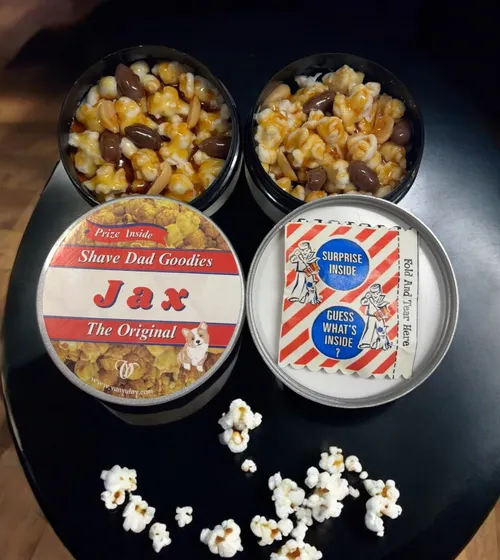 Jax shaving soap — Shave Dad x Van Yulay collaboration, Cracker Jack-inspired caramel corn label
