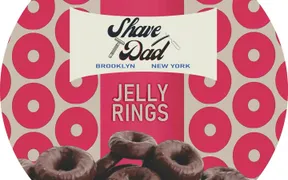 Jelly Rings, Shave Dad × Strike Gold Shave soap label, Brooklyn New York / pink jelly ring pattern with chocolate-covered jelly rings