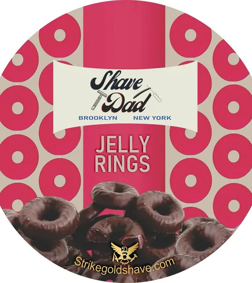 Jelly Rings — Shave Dad × Strike Gold Shave soap label, Brooklyn New York / pink jelly ring pattern with chocolate-covered jelly rings
