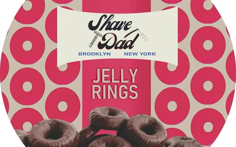 Jelly Rings — Shave Dad × Strike Gold Shave soap label, Brooklyn New York / pink jelly ring pattern with chocolate-covered jelly rings