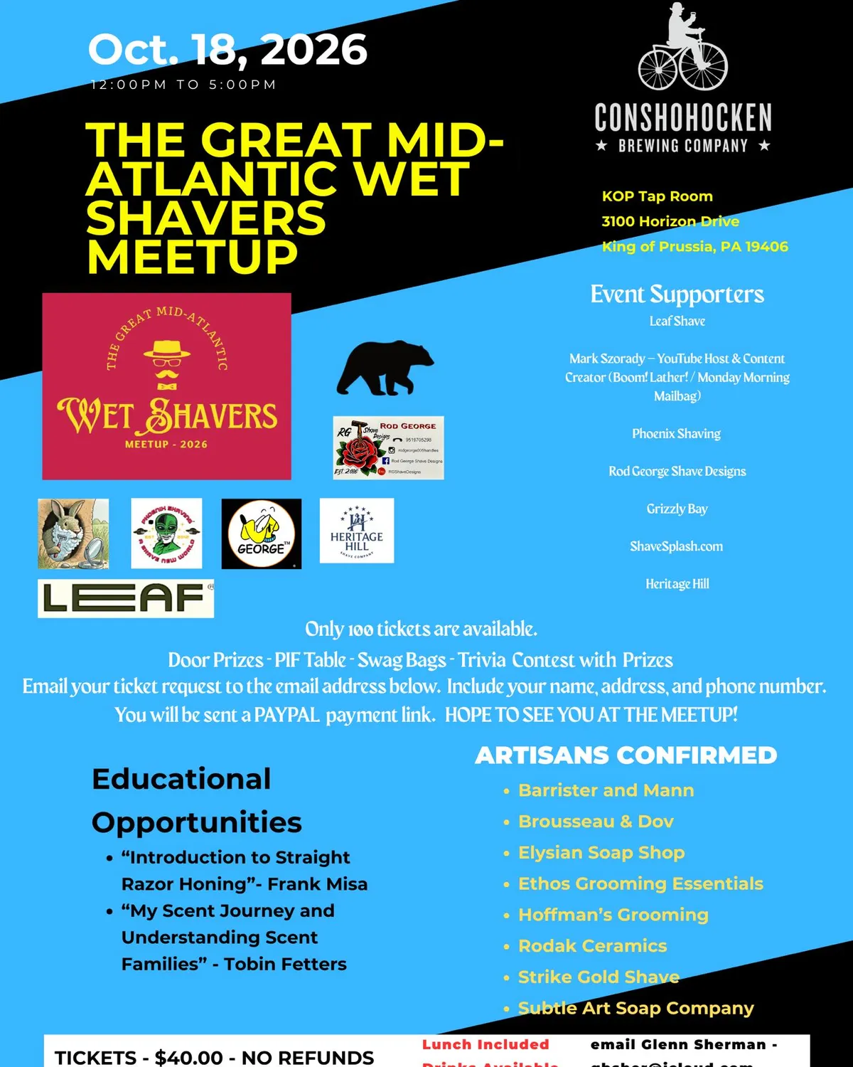 The Great Mid-Atlantic Wet Shavers Meetup flyer. Sunday October 18, 2026 from noon to 5pm at Conshohocken Brewing Company KOP Tap Room in King of Prussia, PA. Tickets $40 with lunch and drinks.
