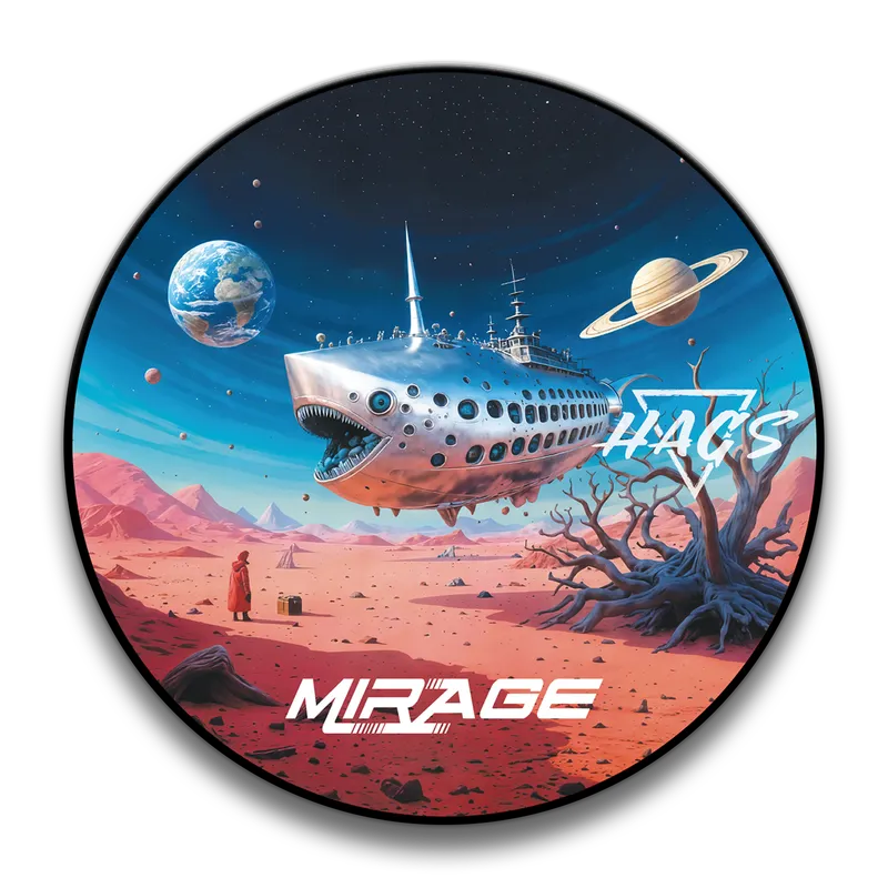 HAGS Mirage shaving soap label, a lone traveler in a Martian desert beneath a planetary sky and hovering spaceship