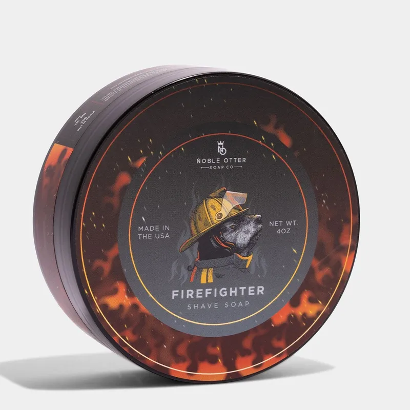 Noble Otter Firefighter shaving soap puck in branded tin