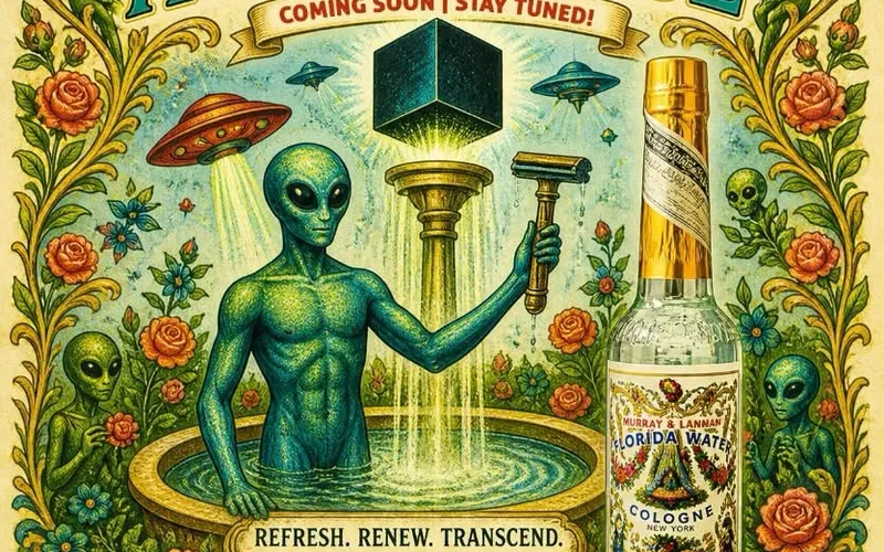 Phoenix Shaving Agua Dulce coming-soon promo art. Alien rising from a fountain holding a black monolith and a DE razor next to a bottle of Murray & Lanman Florida Water.