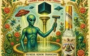 Phoenix Shaving Agua Dulce promo art for the 2026 seasonal return. Alien rising from a fountain holding up a DE razor, with a black monolith on a column beside him and a bottle of Murray & Lanman Florida Water to the right.