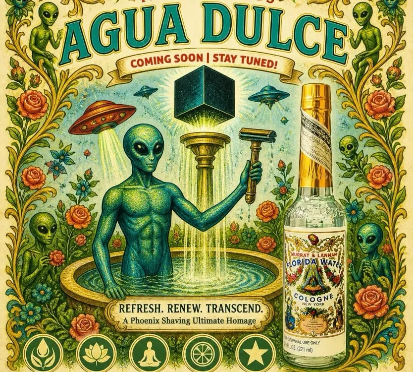 Phoenix Shaving Agua Dulce coming-soon promo art. Alien rising from a fountain holding a black monolith and a DE razor next to a bottle of Murray & Lanman Florida Water.