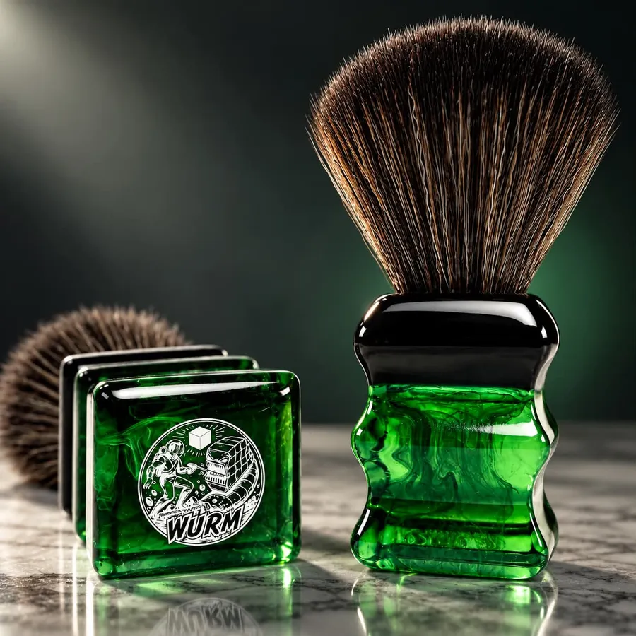 PAA WÜRM shaving brush in green acrylic, front and back, showing the segmented handle and the 22mm synthetic knot