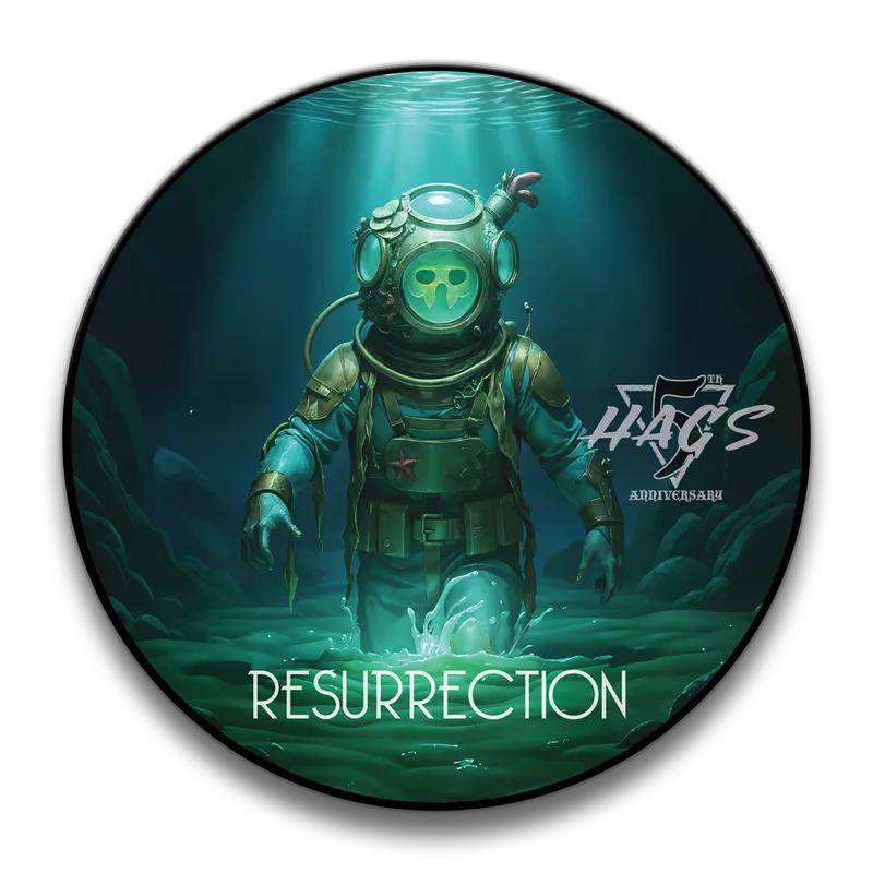HAGS Resurrection 5th Anniversary shaving soap label, a diver rising from the depths illuminated by beams of light