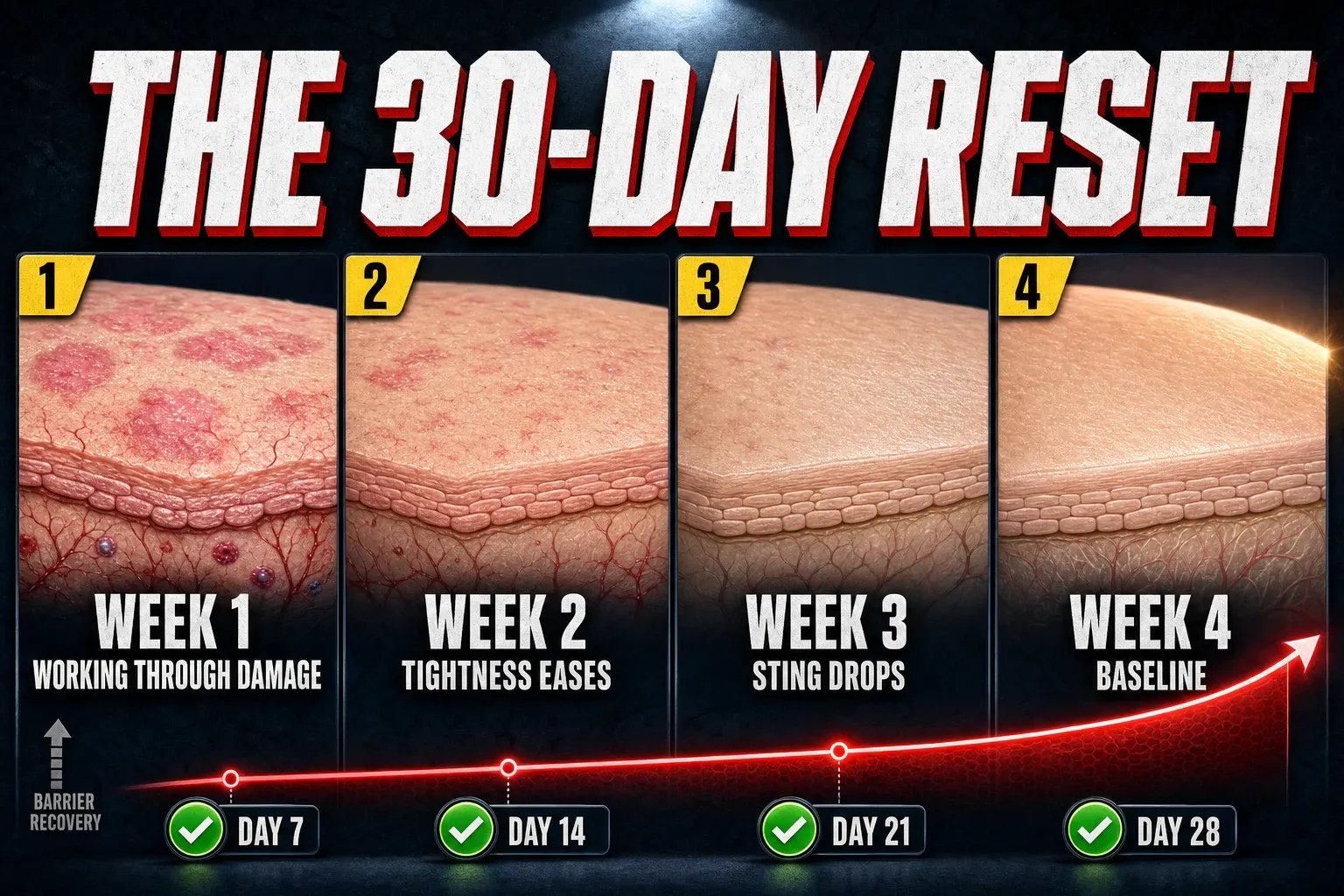 Four-panel horizontal timeline titled THE 30-DAY RESET on a dark slate background. Each panel is a close-up illustration of skin condition tagged with a yellow number badge and a subtitle. Panel 1 WEEK 1 shows pink patches and mild irritation, subtitle WORKING THROUGH DAMAGE. Panel 2 WEEK 2 shows less inflamed skin with faded patches, subtitle TIGHTNESS EASES. Panel 3 WEEK 3 shows nearly calm skin, subtitle STING DROPS. Panel 4 WEEK 4 shows healthy hydrated skin, subtitle BASELINE. A translucent red curve arcs upward across all four panels indicating rising barrier recovery, with green checkmark badges labeled DAY 7, DAY 14, DAY 21, DAY 28 along the base.
