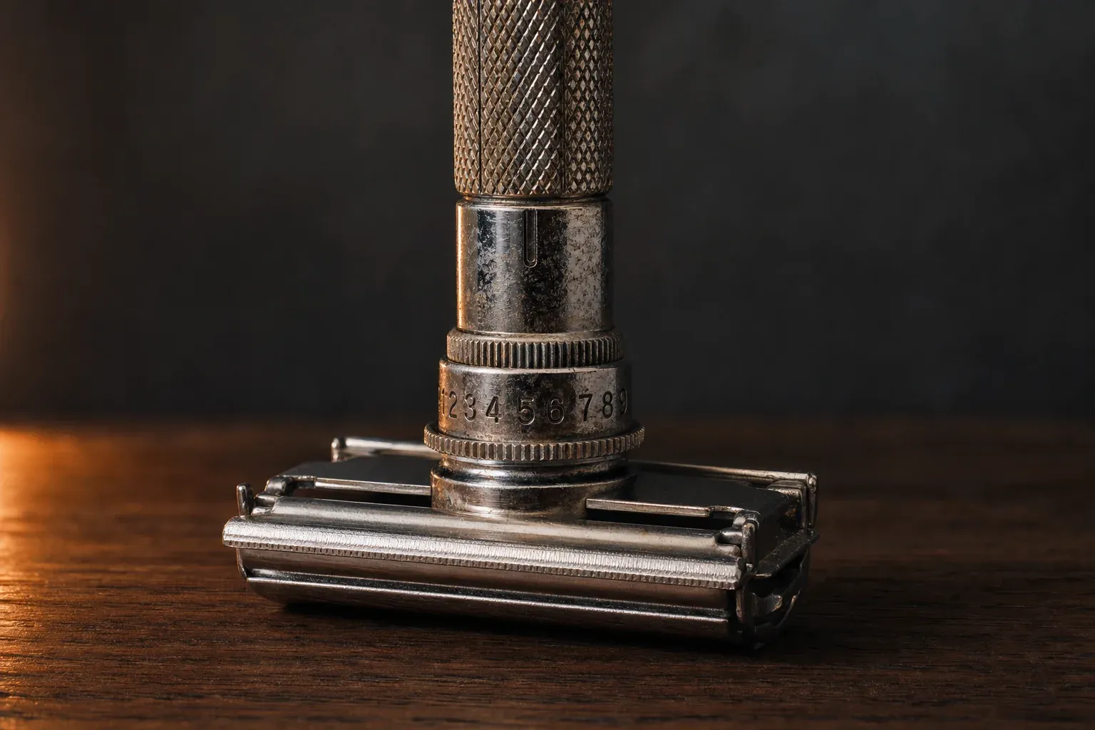 Extreme close-up of a vintage adjustable double-edge razor standing upright, focused on the knurled dial numbered 1 through 9 around the base of the handle, chrome with age patina under warm side light