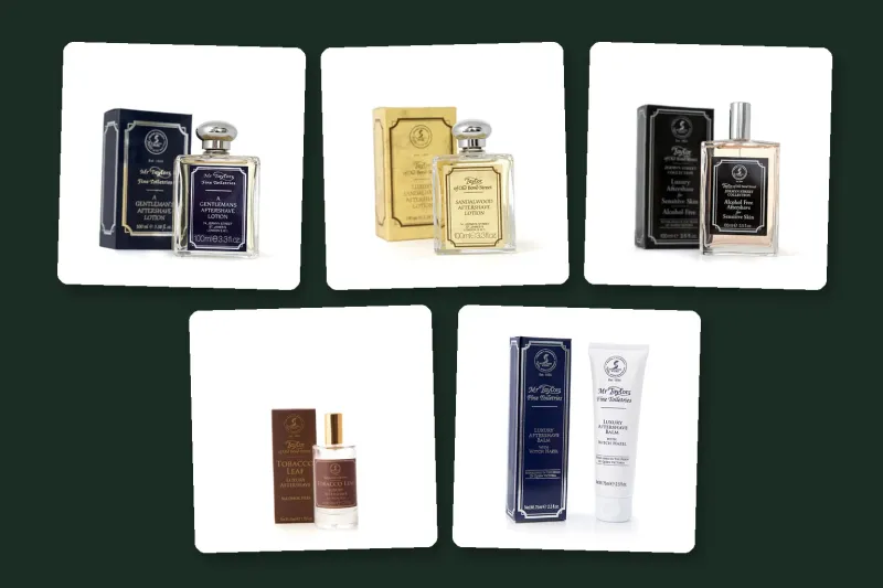 Five Taylor of Old Bond Street aftershaves with their boxes: the Mr Taylor and Sandalwood lotions, the Jermyn Street alcohol free spray, Tobacco Leaf, and the Mr Taylor aftershave balm tube.