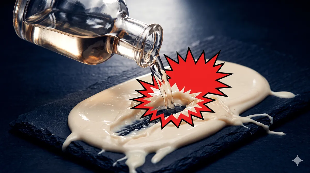 Clear aftershave splash being poured from a tilted glass bottle directly onto a thick layer of pale cream balm on a dark slate slab, the liquid cutting visibly through the cream, with a red comic-burst graphic at the point of impact