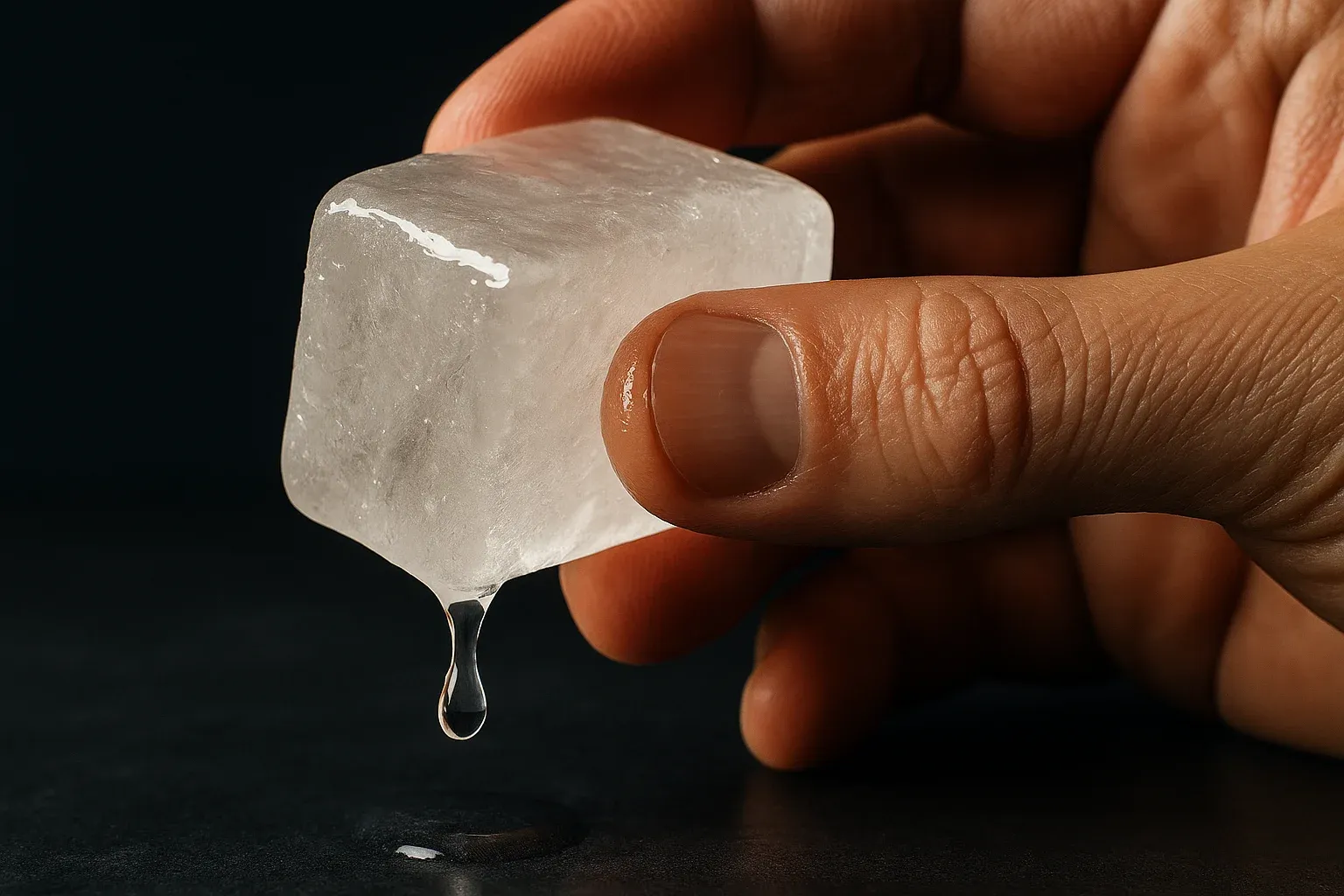 Macro of a wetted translucent alum block held between thumb and fingertips over dark slate, a single drop falling from its edge.