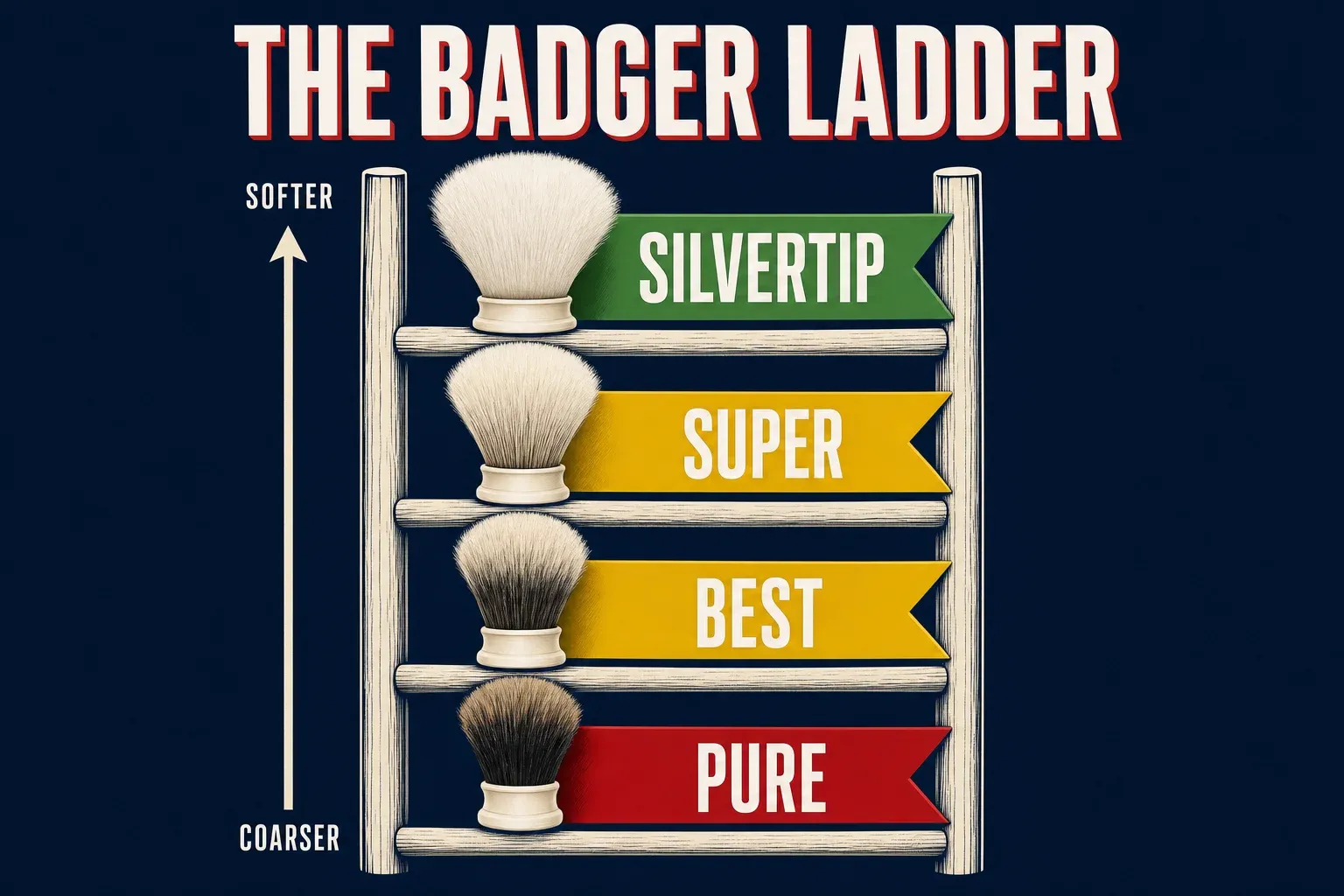 A four-rung ladder infographic titled THE BADGER LADDER on a deep navy background, rungs from bottom to top labeled PURE with a coarse dark knot icon on a red banner, BEST and SUPER with progressively finer knots on yellow banners, and SILVERTIP with the palest fluffiest knot on a green banner, an arrow up the side running from coarser to softer
