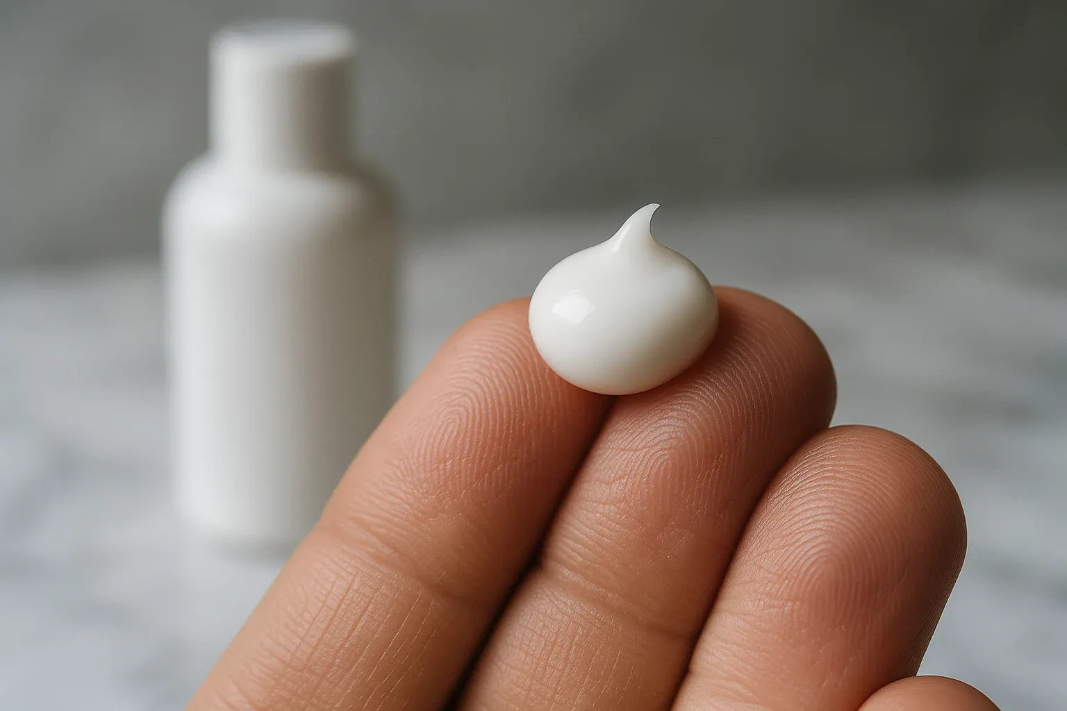 A pea sized dollop of white balm on two fingertips with a matte white bottle blurred behind on marble.