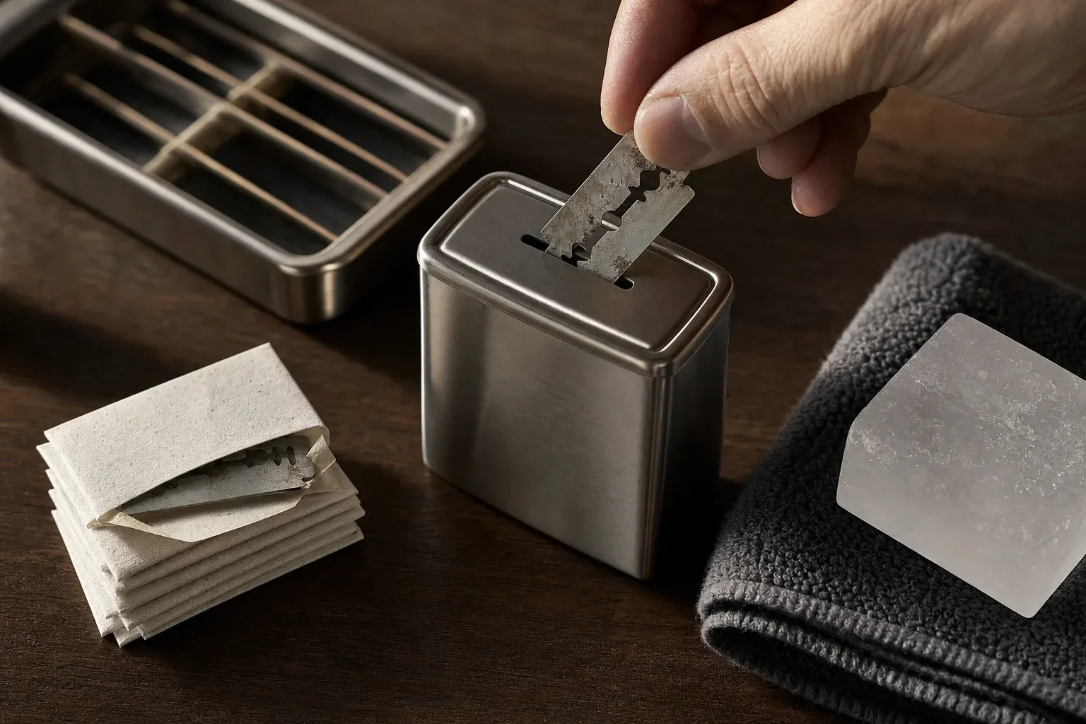 A hand sliding a used double-edge blade into the slot of a small stainless steel blade bank on a walnut counter, beside a stack of paper-wrapped fresh blades and an alum block resting on a folded charcoal towel