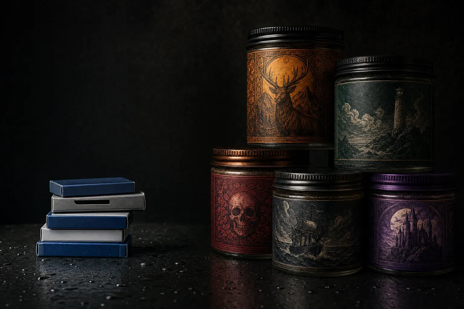 Split-composition still life on a dark slate counter, a compact stack of unassuming DE blade packs on the left and a curated shelf of five ornate artisan shave soap tubs in warm amber, green, and oxblood colors on the right, cinematic lighting