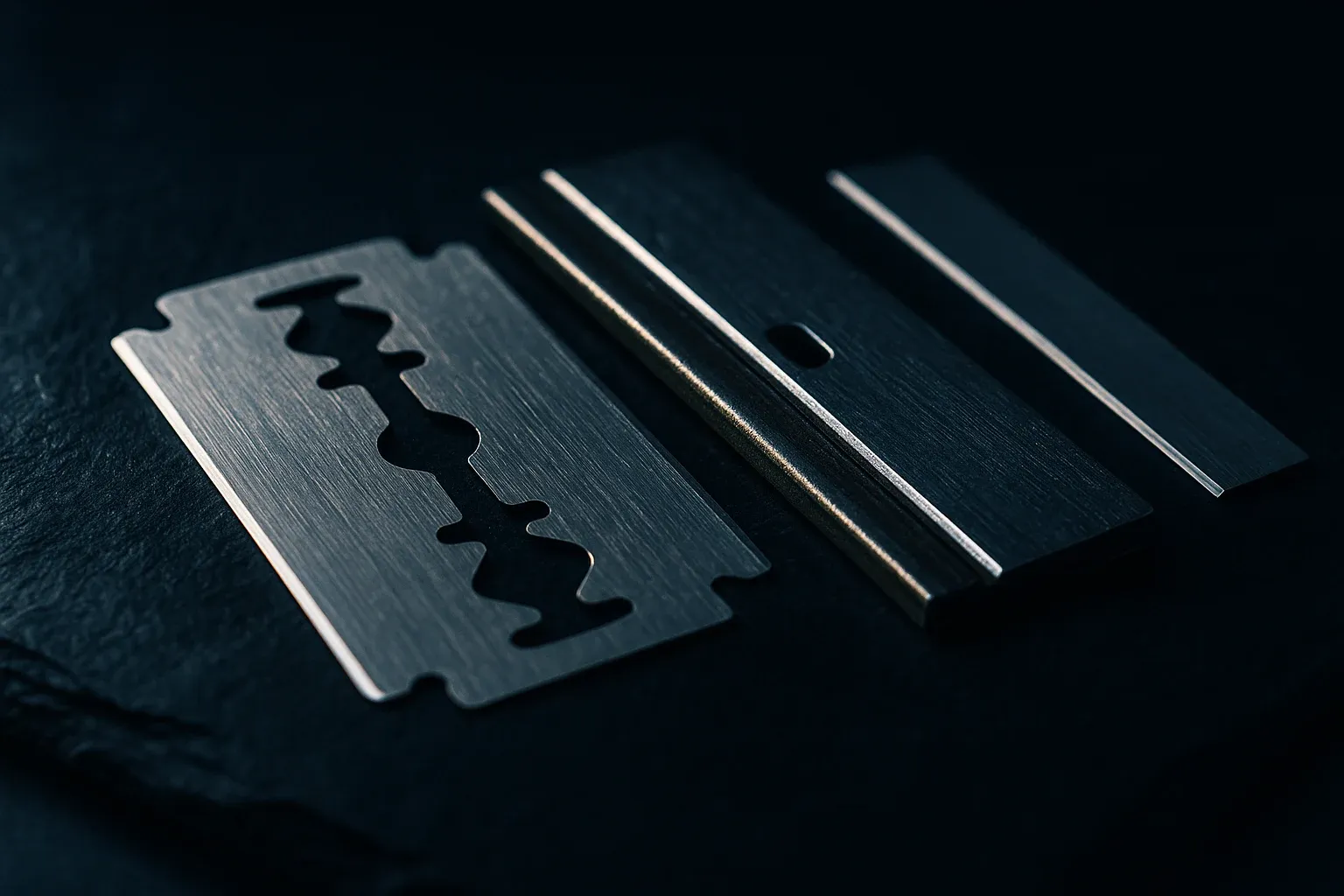 Macro photograph comparing three razor blade types on dark slate, a thin flexible double edge blade, a thicker single edge GEM blade with a reinforced spine, and a long narrow artisan club style blade, dramatic side light