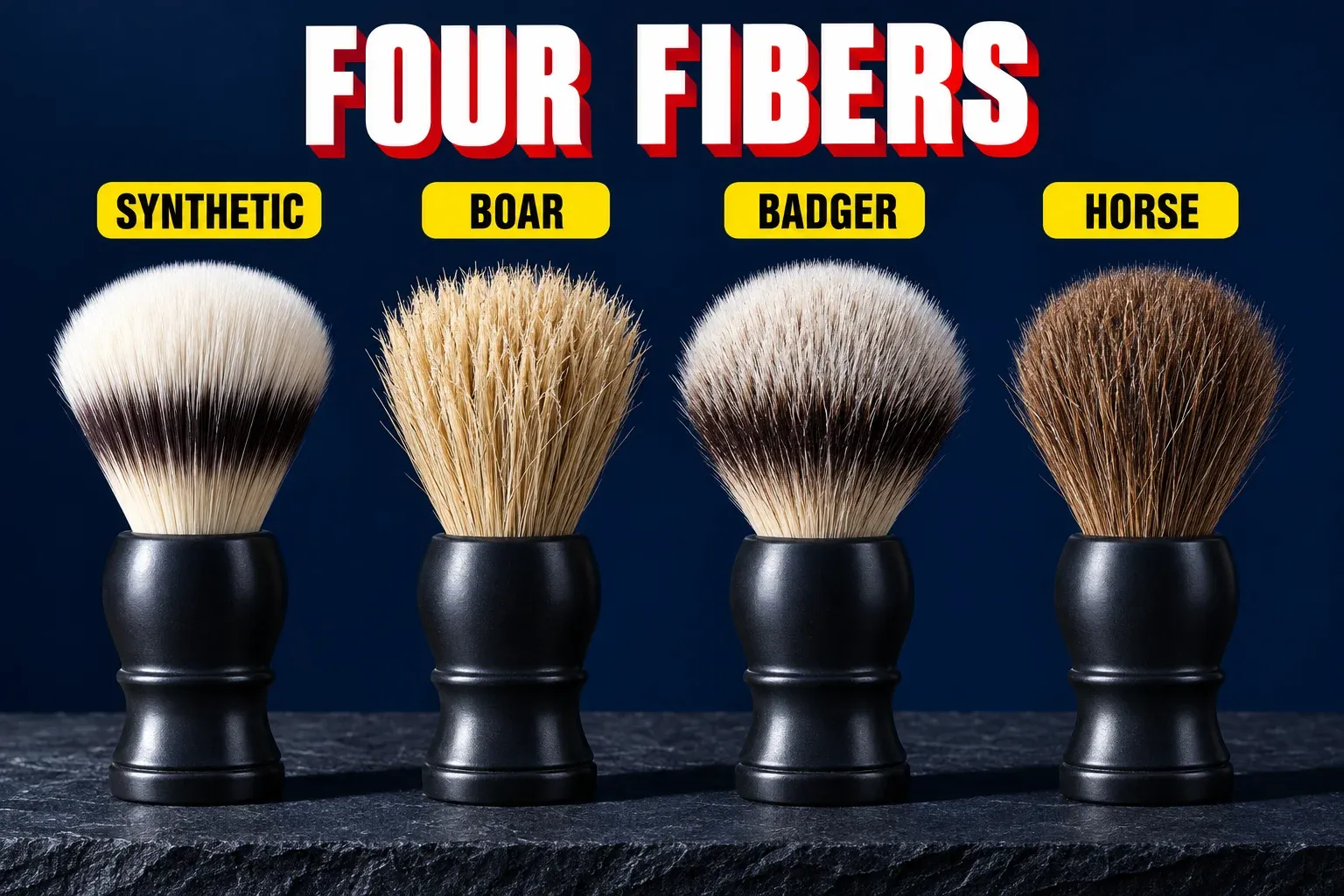 Four shaving brushes with matching black handles stand in a row on dark slate under the headline FOUR FIBERS, each with a yellow label. SYNTHETIC has a smooth cream knot with a dark band; BOAR has stiff pale tan bristles with split, ragged tips; BADGER has a soft dense knot with a dark middle band and silver-white tips; HORSE has a medium-brown knot of slightly coarser hair.