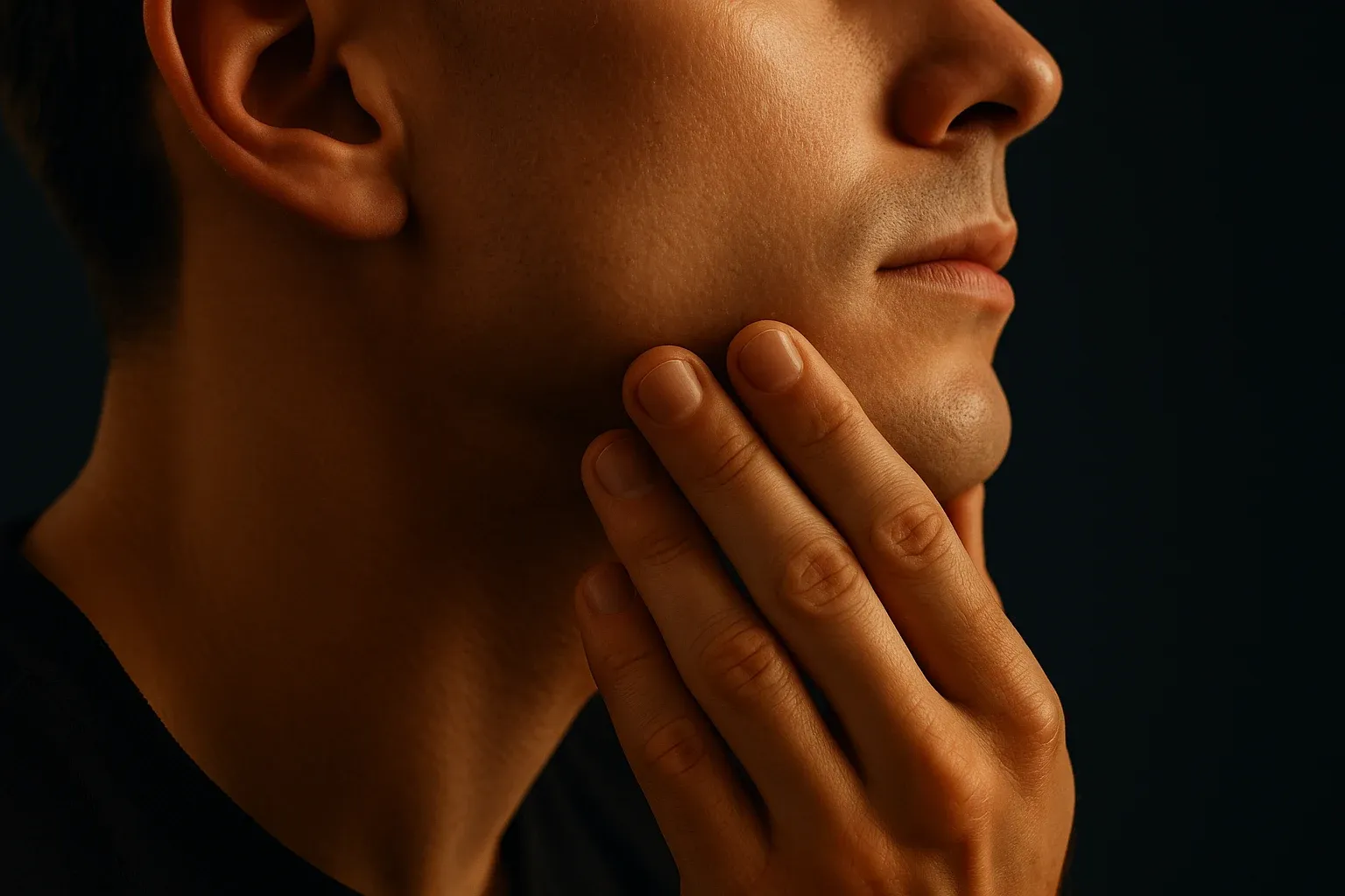 Close-up of a hand with fingertips touching a freshly shaved cheek and jawline, dramatic warm side light against a deep navy background, no full face visible