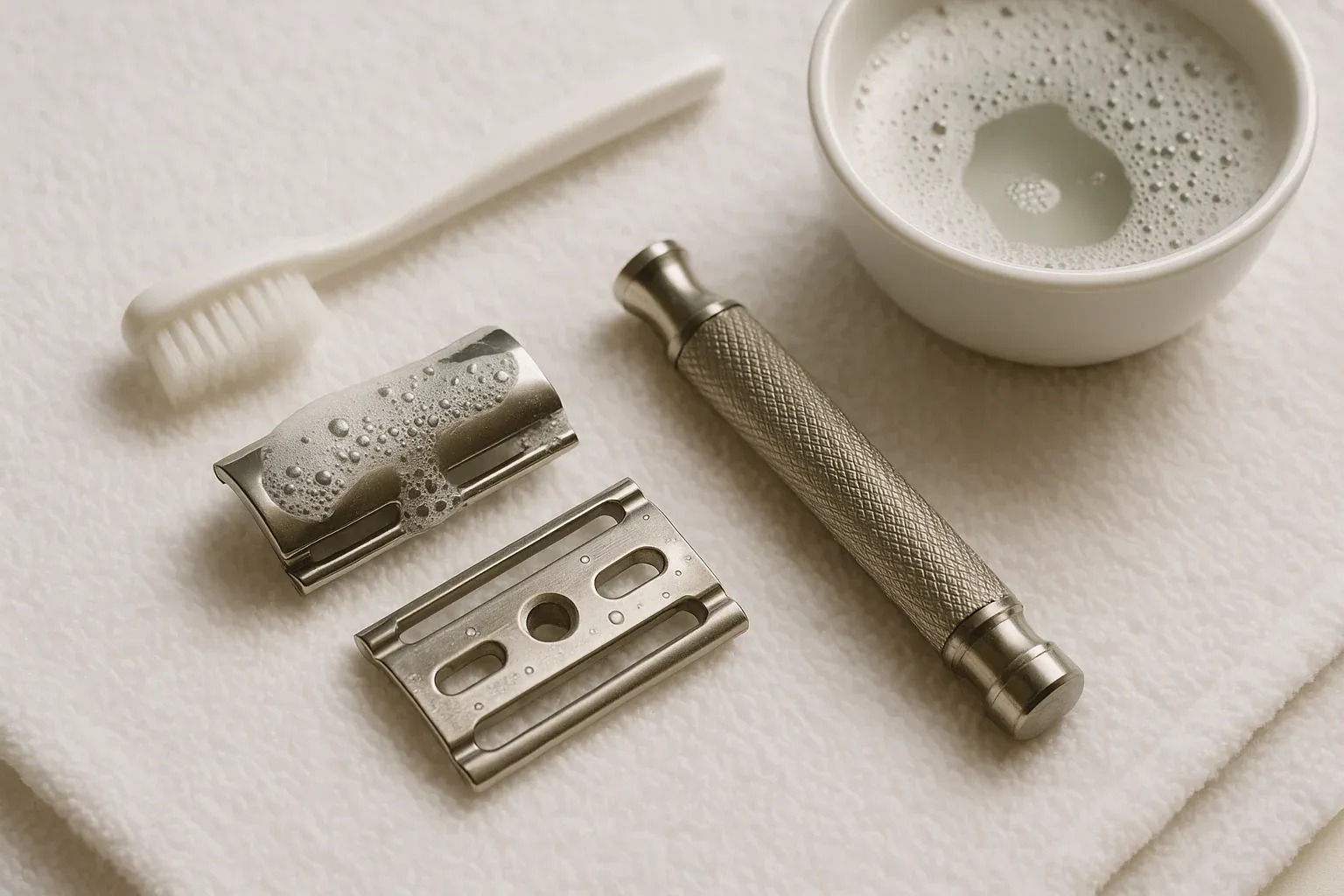 A disassembled three piece safety razor being cleaned with a soft toothbrush beside a bowl of soapy water on a towel.