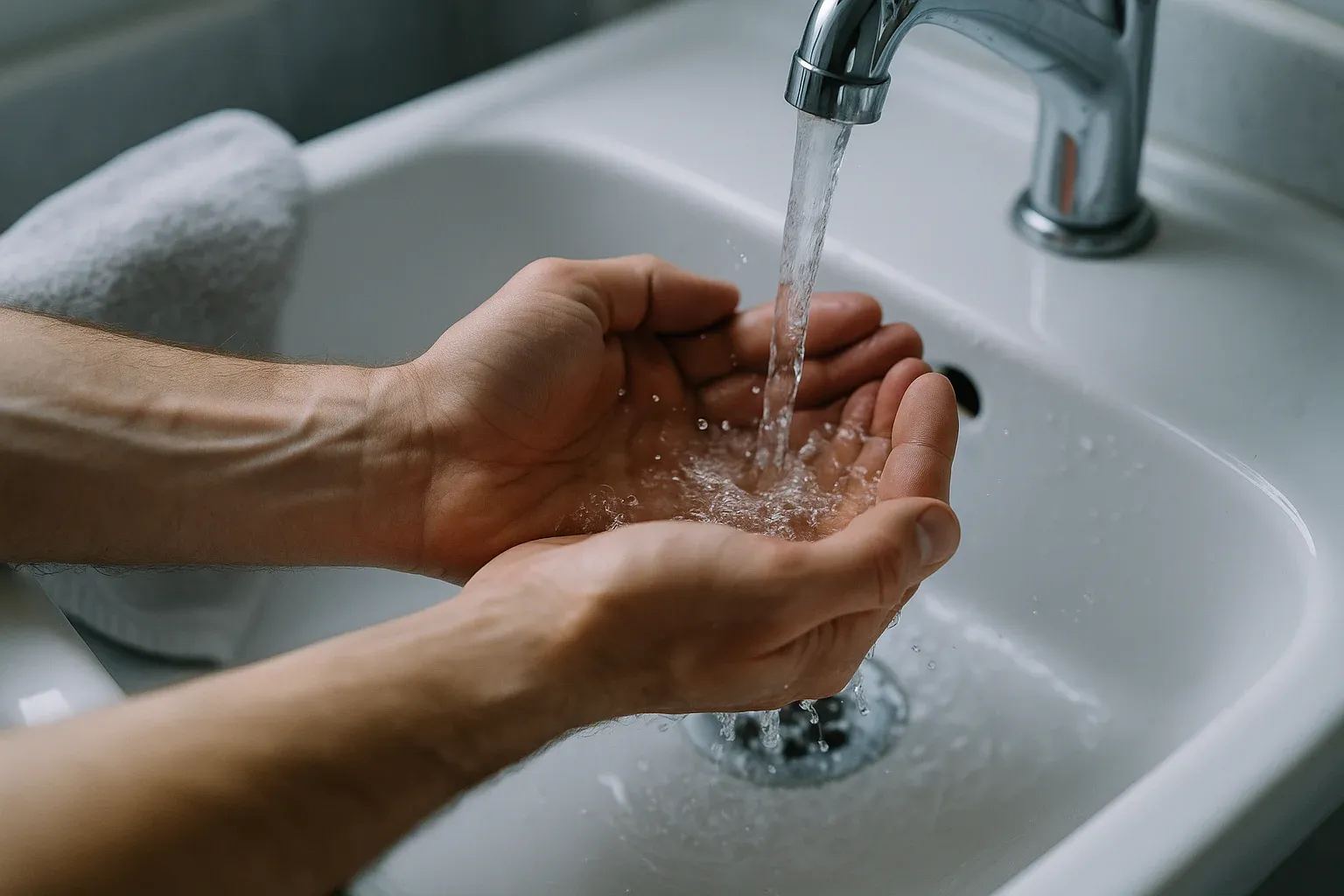Hands cupped under a running cold tap over a white bathroom sink, water splashing in the palms.