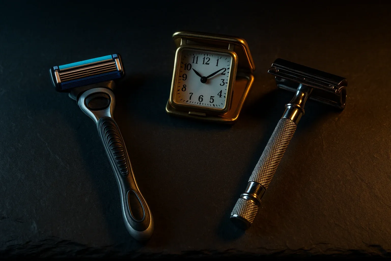A plastic multi-blade cartridge razor and a chrome double edge safety razor lying side by side on dark slate with a small brass travel clock standing between them
