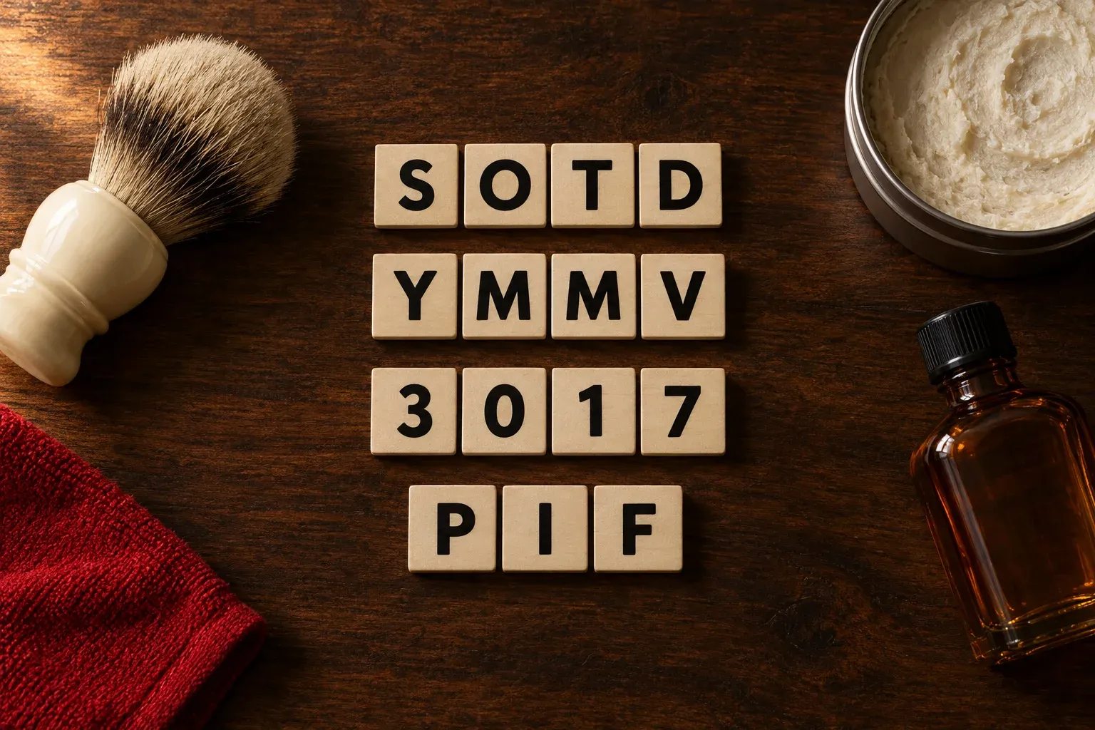 Cream wooden letter tiles on a dark walnut counter spell four rows of group shorthand: SOTD, YMMV, 3017 and PIF. A shaving brush with a bone-white knot, an open tin of shave soap, an amber aftershave bottle and a red cloth sit at the edges.