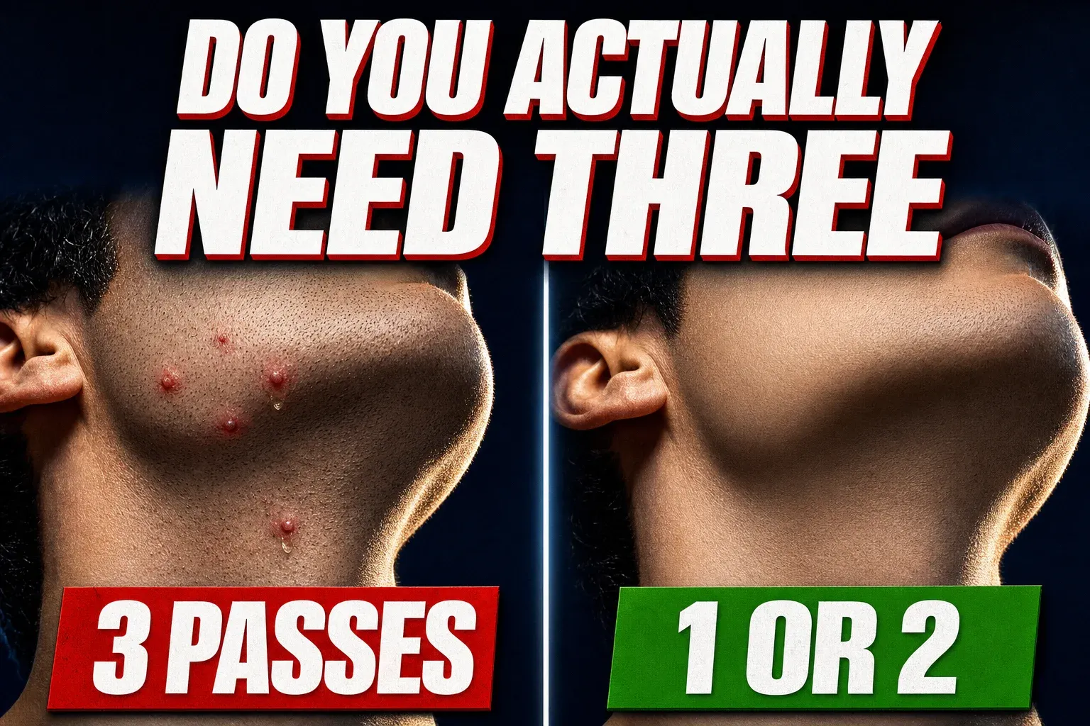 Split composition, left half a close-up of a jaw and neck with three visible razor bumps and a small weeper tagged 3 PASSES on a red banner, right half the same jaw and neck clean and smooth tagged 1 OR 2 on a green banner, DO YOU ACTUALLY NEED THREE headline in bold white block letters across the top with a red drop shadow