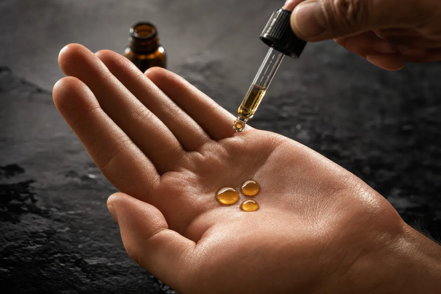 A dropper releasing the last of exactly three golden drops of pre-shave oil into an open palm above dark slate, the amber bottle standing open in the background