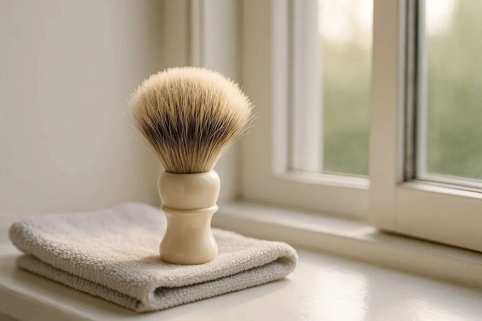 A shaving brush drying knot up on a windowsill beside a cracked open window in bright morning light.