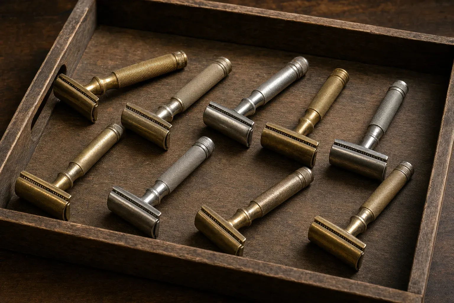 A wooden tray holding eleven assembled vintage double edge razors in mixed brass and nickel finishes, in warm estate sale light.
