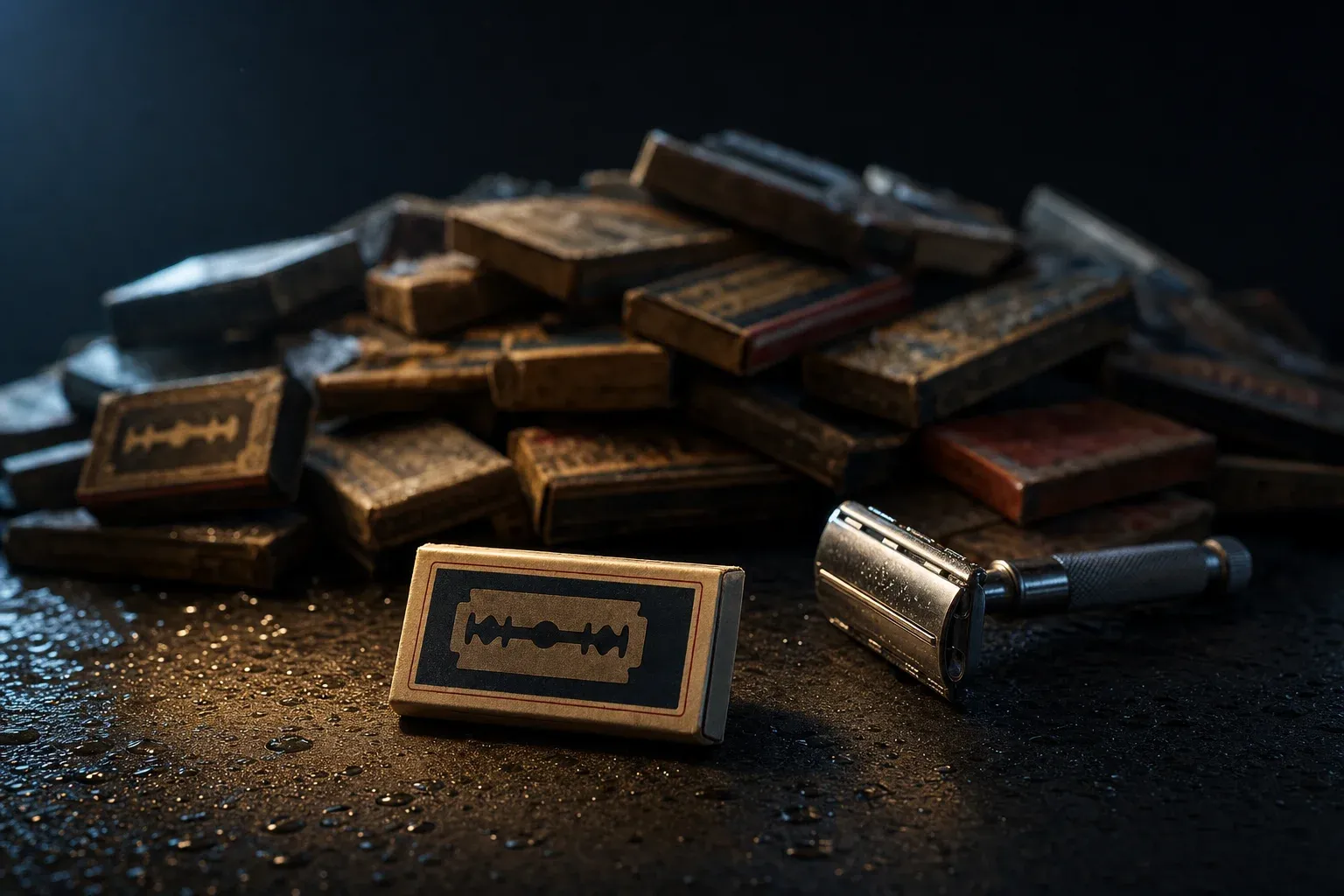 One fresh blade pack in sharp focus on a dark slate counter, with an out-of-focus pile of forgotten dust-covered DE blade packs stacked behind it in the shadows and a vintage chrome DE razor lying beside it