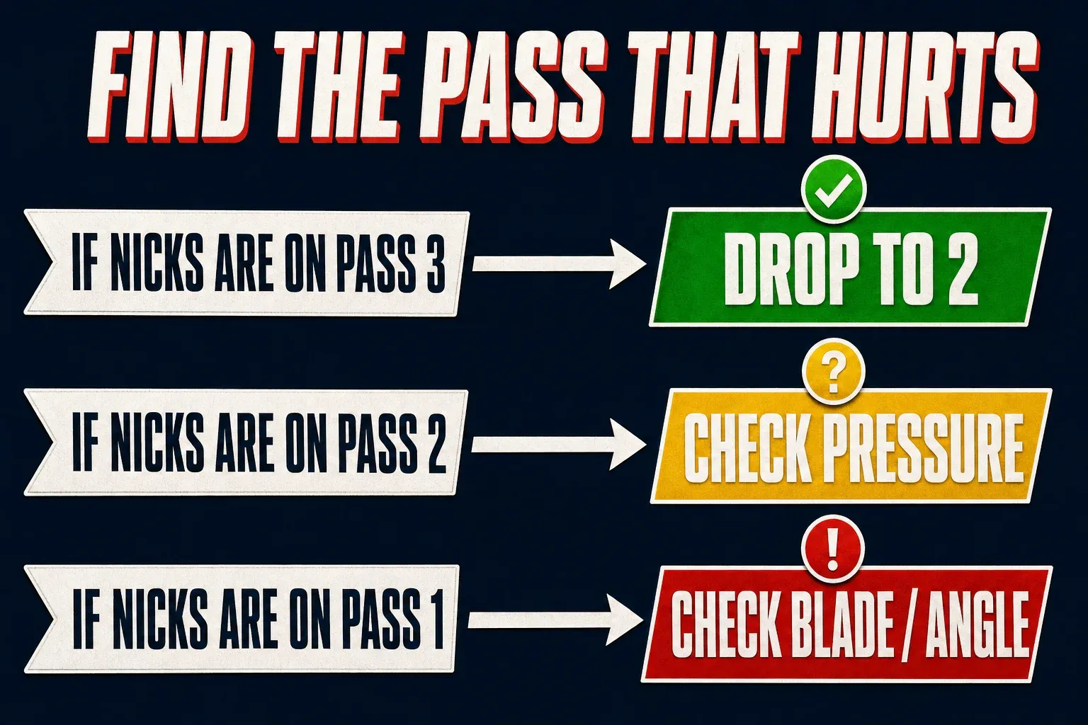 Three-panel decision-tree infographic titled FIND THE PASS THAT HURTS. Top panel labeled IF NICKS ARE ON PASS 3 with an arrow leading to a green DROP TO 2 banner. Middle panel labeled IF NICKS ARE ON PASS 2 with an arrow leading to a yellow CHECK PRESSURE banner. Bottom panel labeled IF NICKS ARE ON PASS 1 with an arrow leading to a red CHECK BLADE AND ANGLE banner. Dark navy background with saturated green, yellow, and red accent colors.