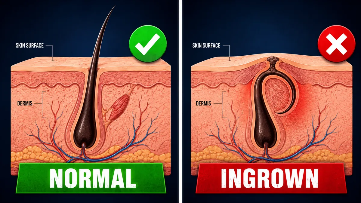 Two hair follicle cross-sections side by side, labeled SKIN SURFACE and DERMIS. On the left, a healthy follicle with a beard hair growing straight up out of the skin, tagged with a green checkmark and a NORMAL banner. On the right, a follicle where the surface is clogged and the hair curls back on itself in a fish-hook shape trapped under the skin, surrounded by a red inflammation halo, tagged with a red X and an INGROWN banner.