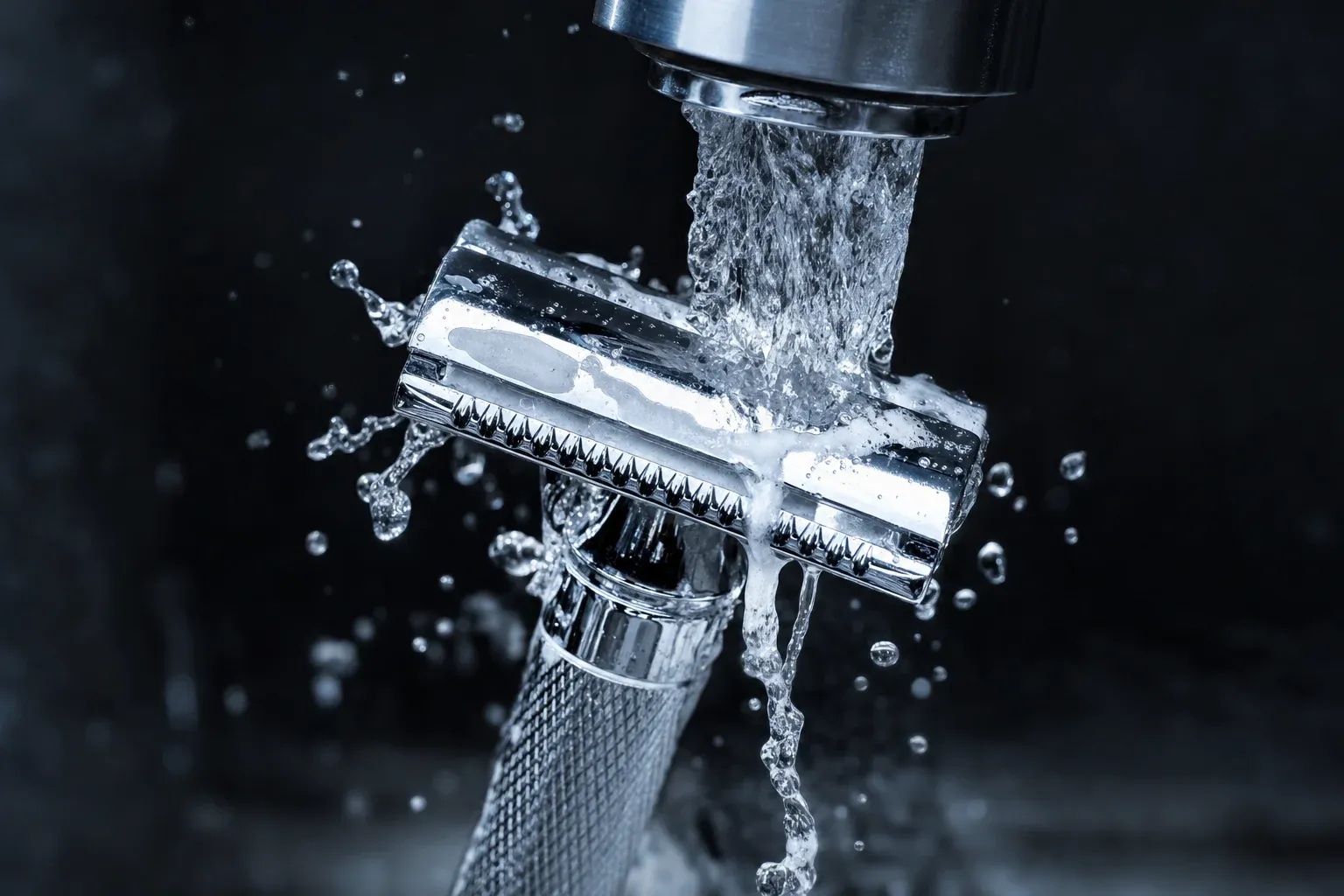 Extreme close-up of a chrome double-edge safety razor being rinsed under a strong stream of crystal-clear cold water pouring from a chrome tap, residual white lather being sluiced away with individual droplets frozen mid-air