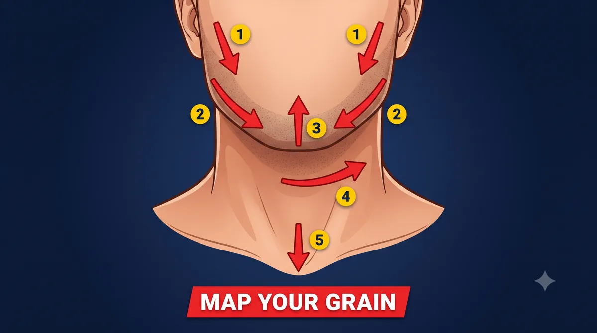 Front-view illustration of a bearded jaw and neck against a navy background titled MAP YOUR GRAIN. Five red directional arrows show typical beard grain zones with yellow number badges, downward on the cheeks tagged 1, downward and outward along the jawline tagged 2, upward under the chin tagged 3, sideways across the mid-neck tagged 4, downward at the base of the neck tagged 5