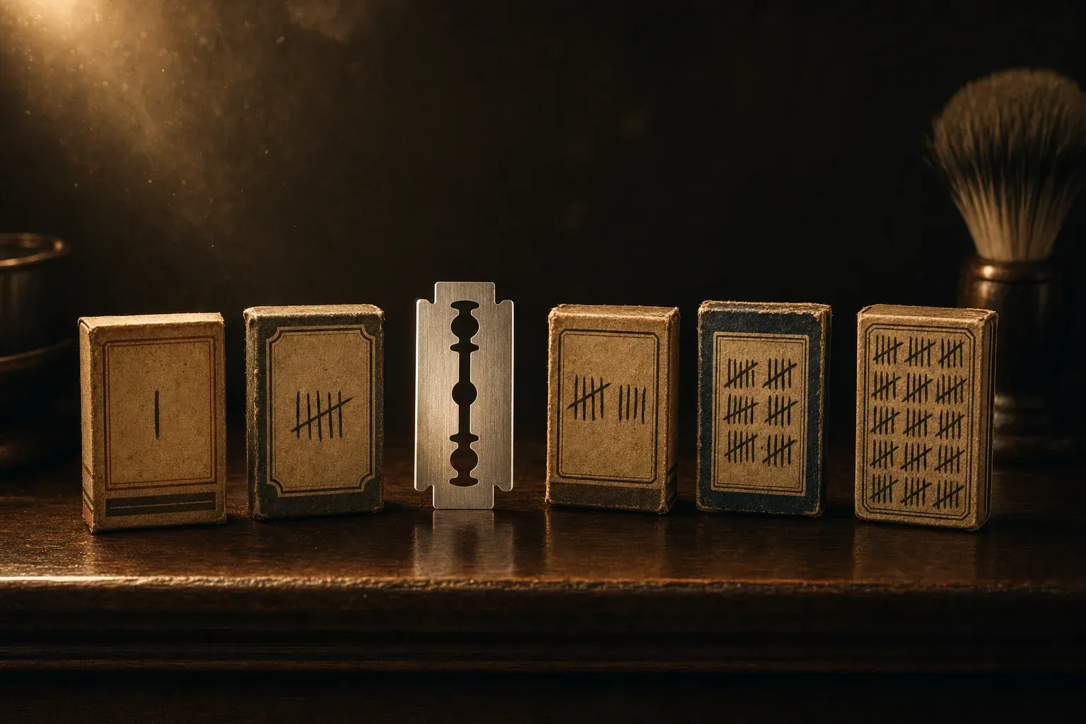Row of five spent double-edge blade wrappers arranged across a dark wood counter, each scratched with a different tally count from one to a dense wall of marks, one fresh unused blade standing upright in the center foreground under warm amber cinematic light