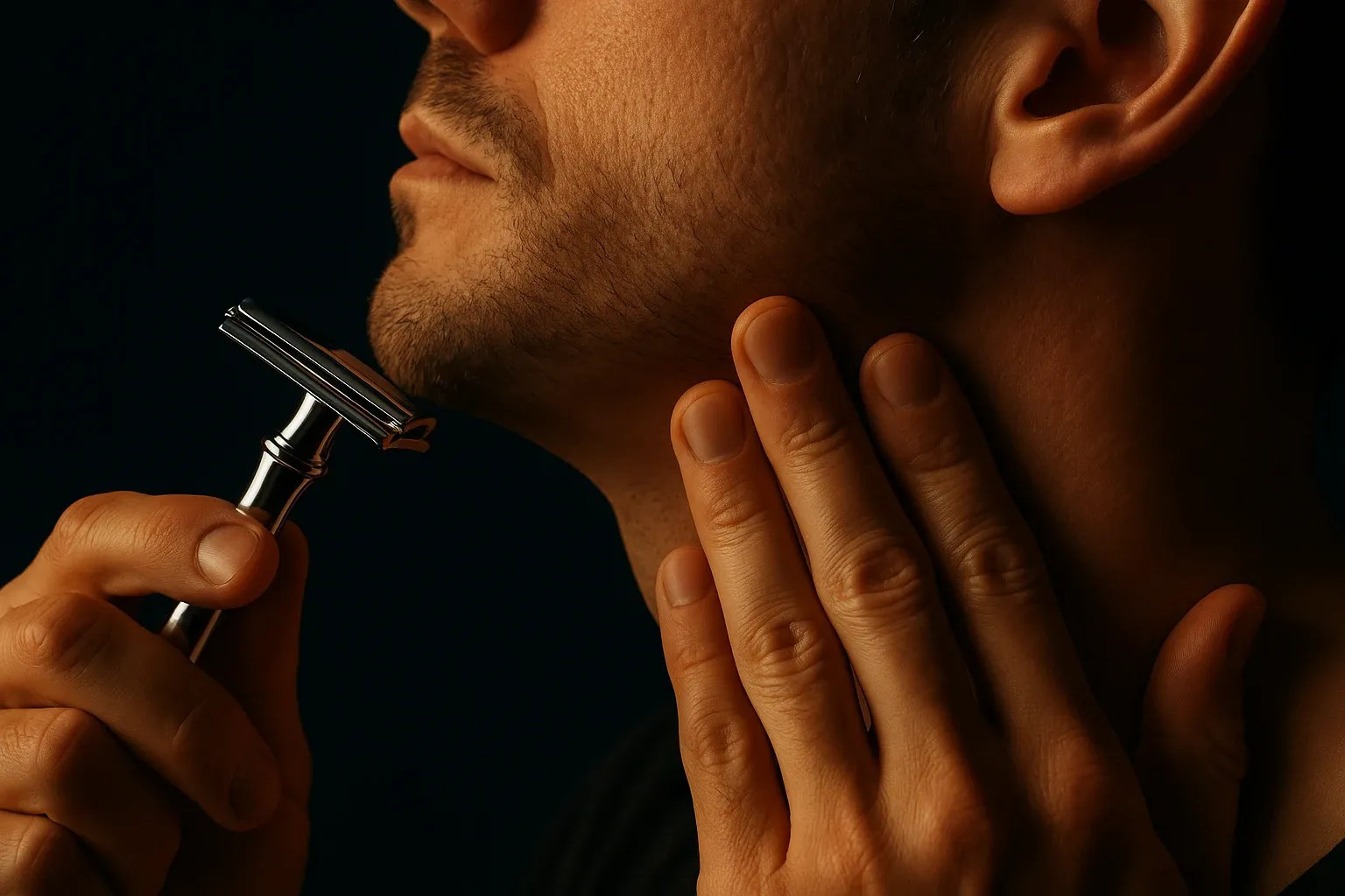 Close-up of a hand stretching the skin of a jaw flat with two fingers while the other hand holds a safety razor approaching carefully, warm side light against a deep navy background, no full face visible