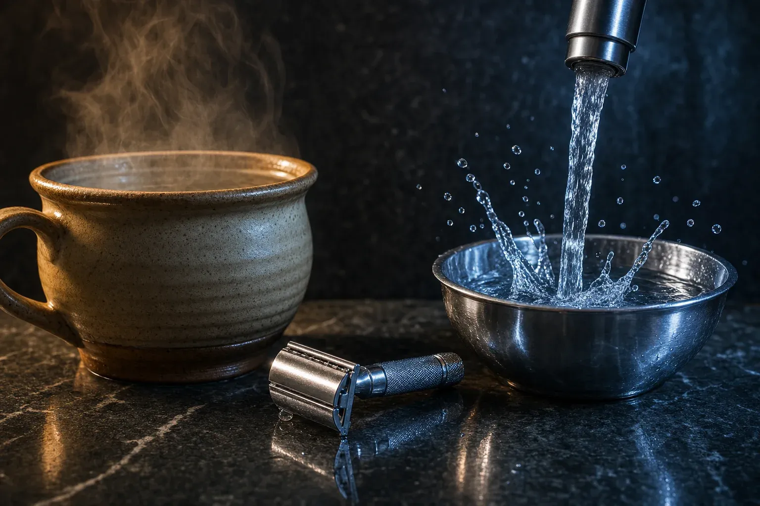 Split-composition still life on a stone bathroom counter: a warm ceramic shave mug with rising steam on the left, a chrome tap streaming cold water into a chrome bowl on the right, and a vintage DE razor resting between them under warm-and-cool cinematic lighting