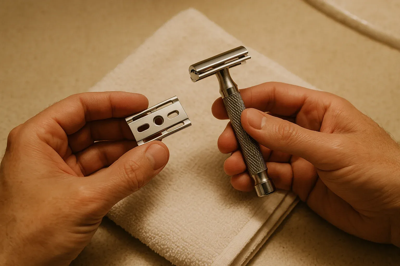 Two hands mid plate swap on a three piece razor over a towel, one holding the handle and cap, the other a spare baseplate.