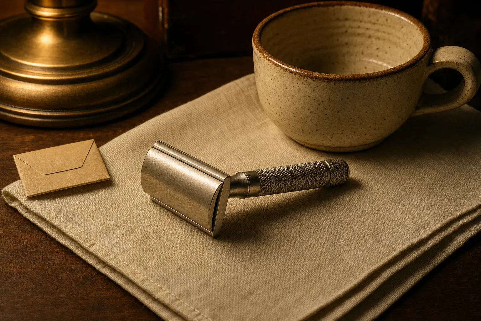 A vintage nickel safety razor on folded linen beside an old speckled ceramic shaving mug and a plain paper blade wrapper.
