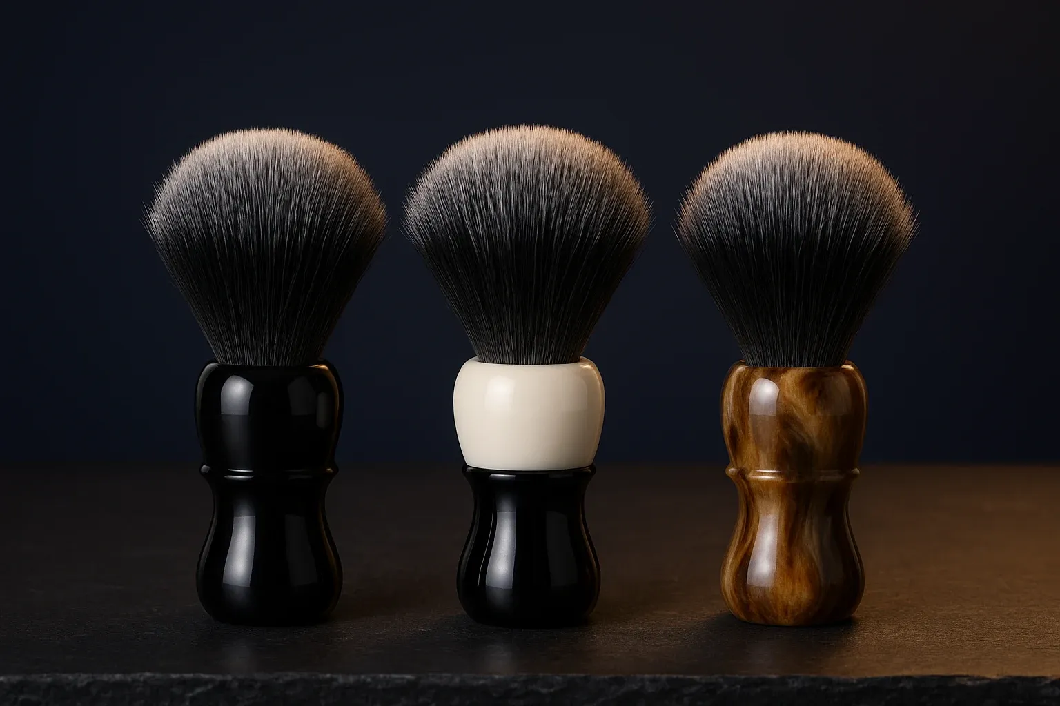 Three synthetic shaving brushes standing upright on a dark counter, one with a glossy black handle, one with a white and black two-tone handle, and one with a marbled faux horn handle