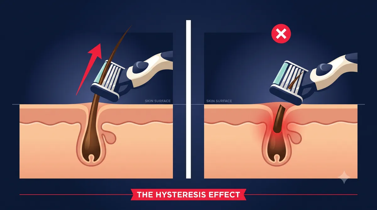 Two-frame cross-section illustration titled THE HYSTERESIS EFFECT. Left frame, a multi-blade cartridge razor moving across skin, its first blade lifting a beard hair upward under tension, indicated by a red arrow. Right frame, the same cartridge a fraction of a second later, a trailing blade having cut the stretched hair which now snaps back below the skin surface into the follicle, surrounded by a red inflammation halo, marked with a red X